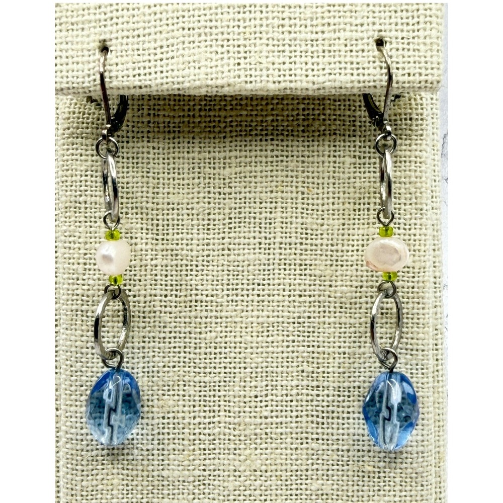 Blue Glass Pearl Dangle Earrings Hammered Silver Tone 2.5"